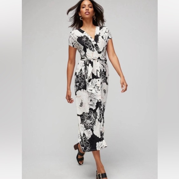NWT-White House Black Market Monochrome Floral Wrap Midi Dress - Picture 2 of 6